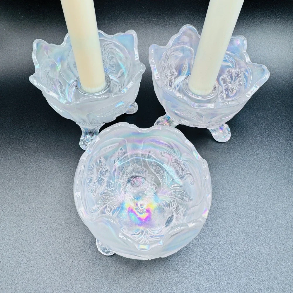 Imperial Iridescent White Carnival Glass Vtg. Floral Candle Console Set 3 Footed